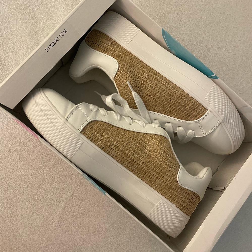 Brand new soda sneakers. White with beige straw.
